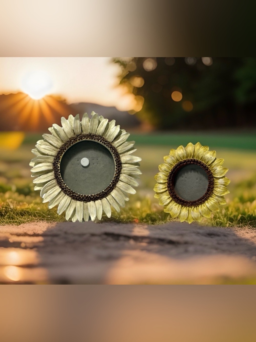 Sunflower Picture Frame Set 2 Round Resin Floral Tabletop Decor Yellow Cream